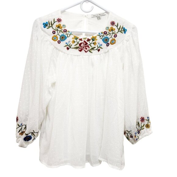 White Peasant Blouse With Floral Embroidery & 3/4 Sleeves By Haute Monde Size M - Picture 2 of 12